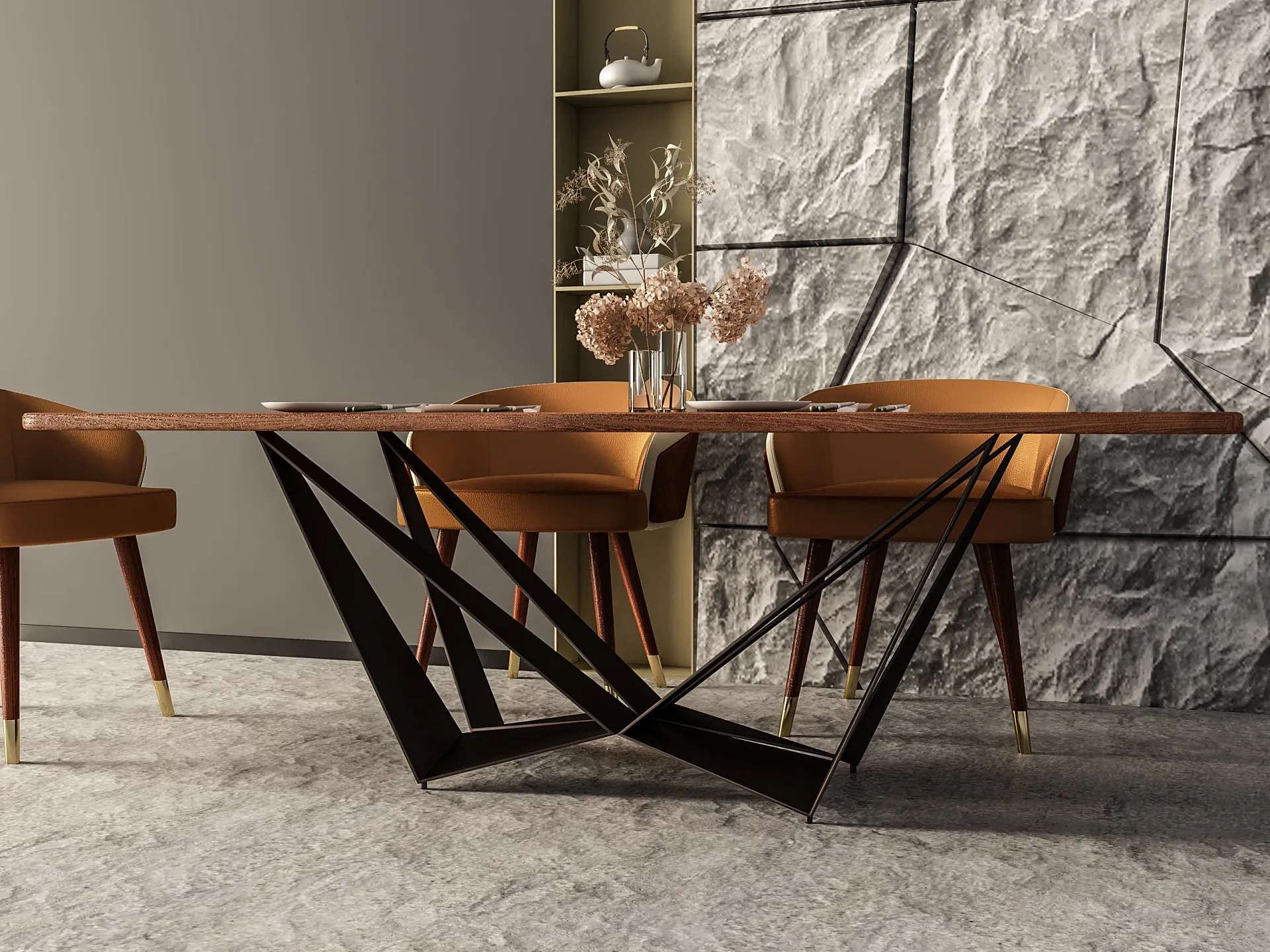 Product 3D render of a dining table with sculptural black base