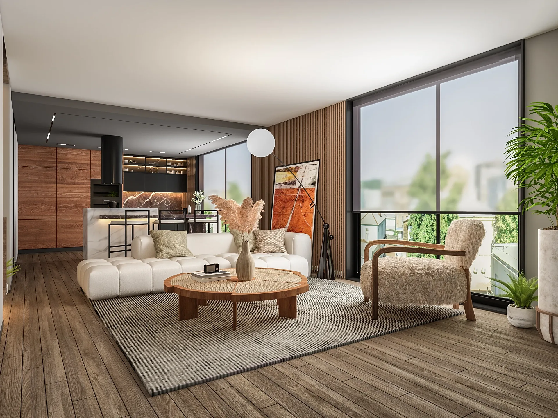 Product 3D render of a modular sofa in a living room scene
