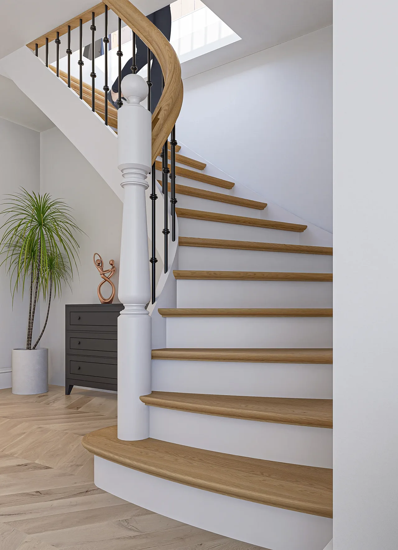 Interior 3D render looking up a stair to a rooftop skylight