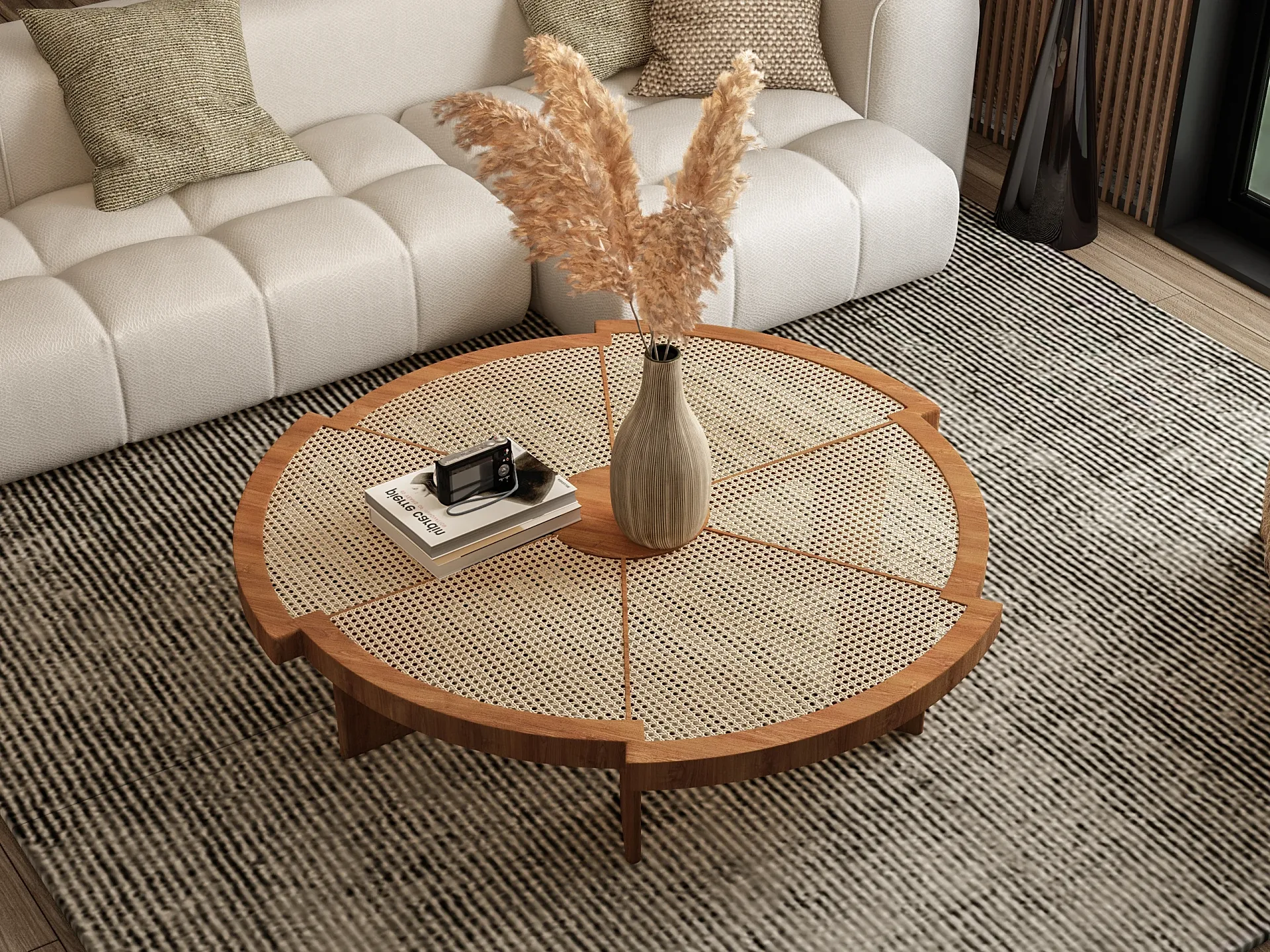 Product 3D render of a round timber coffee table