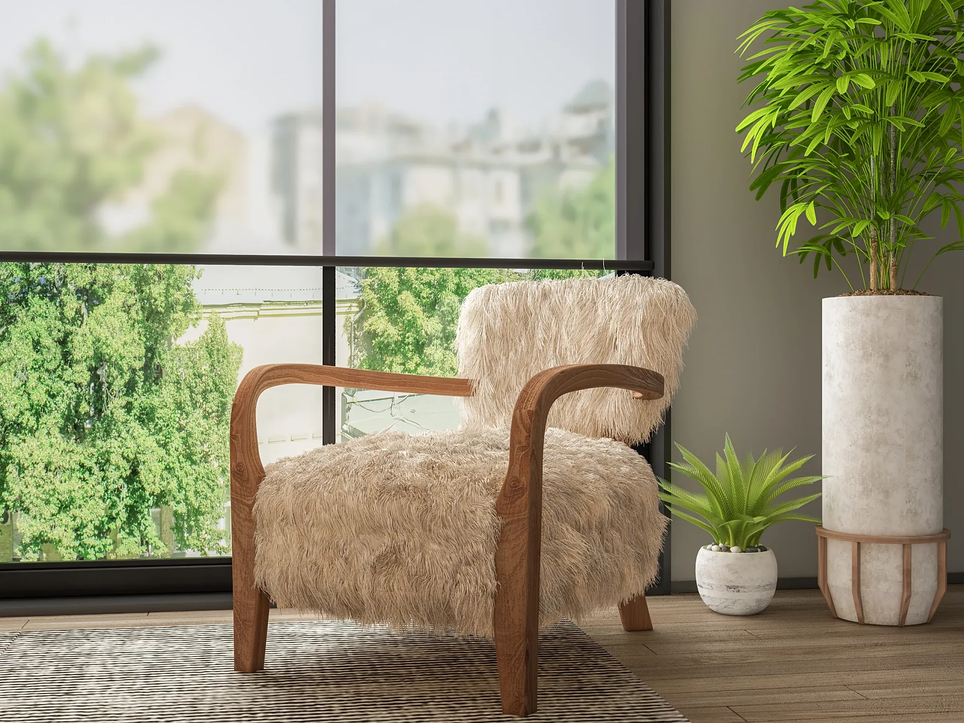 Product 3D render of a sheepskin armchair by a window