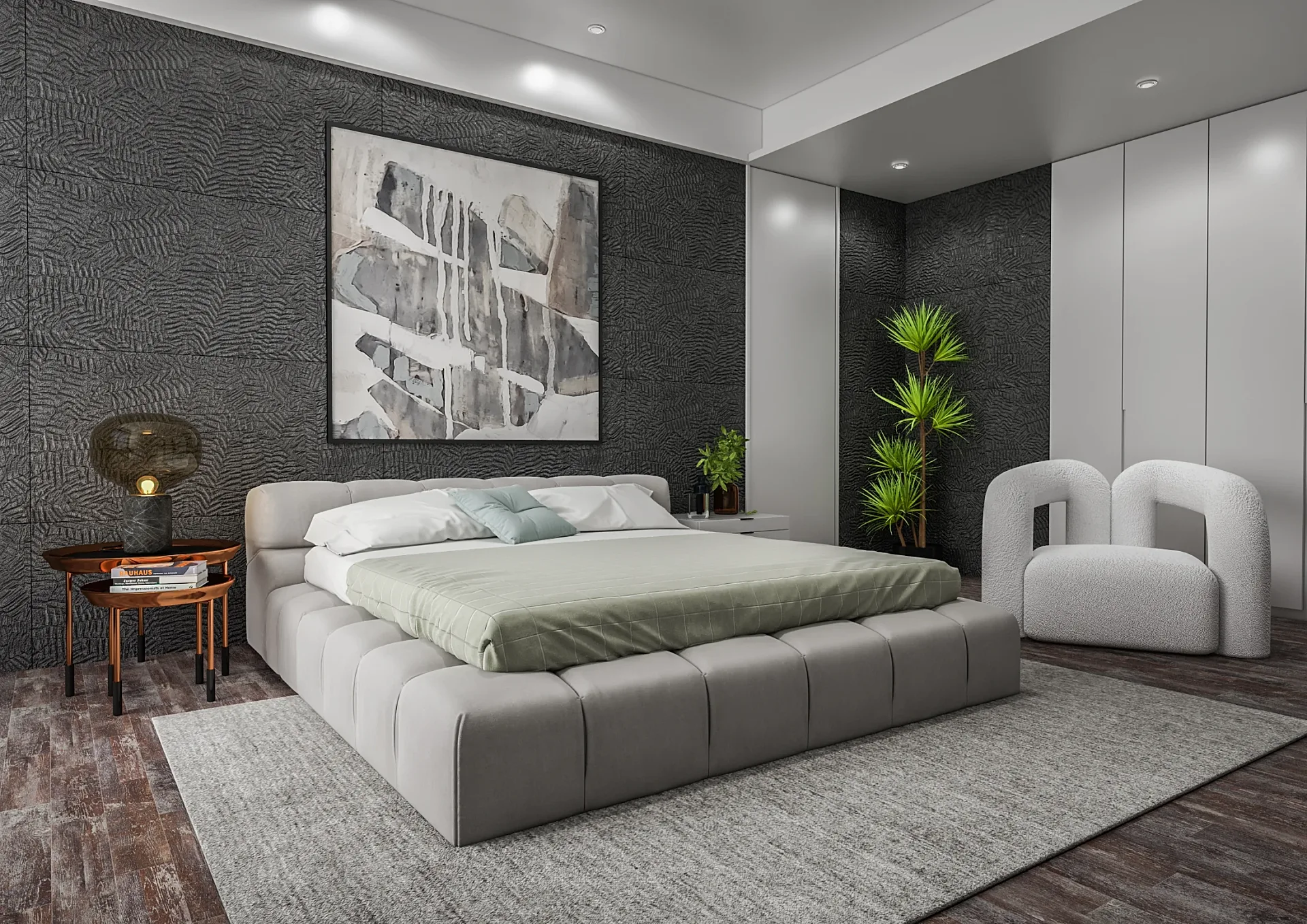 Product 3D render of an upholstered bed in a bedroom scene