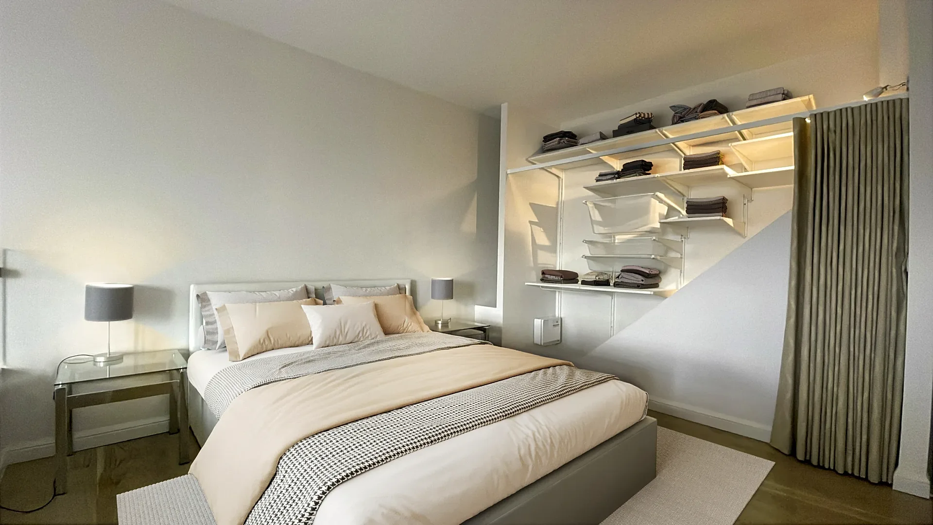 Virtually staged photograph of an apartment bedroom