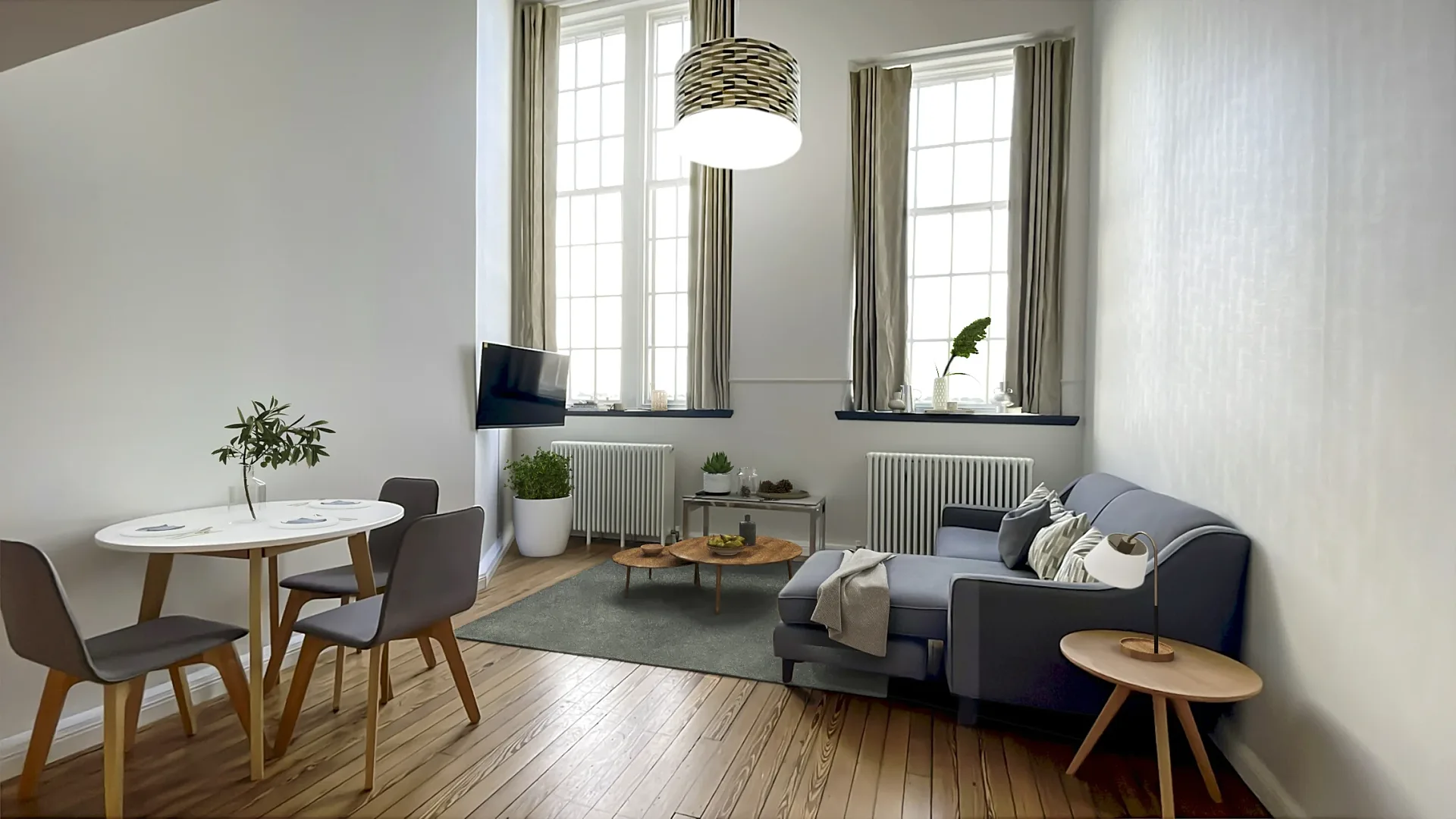 Virtually staged photograph of an apartment living and dining area