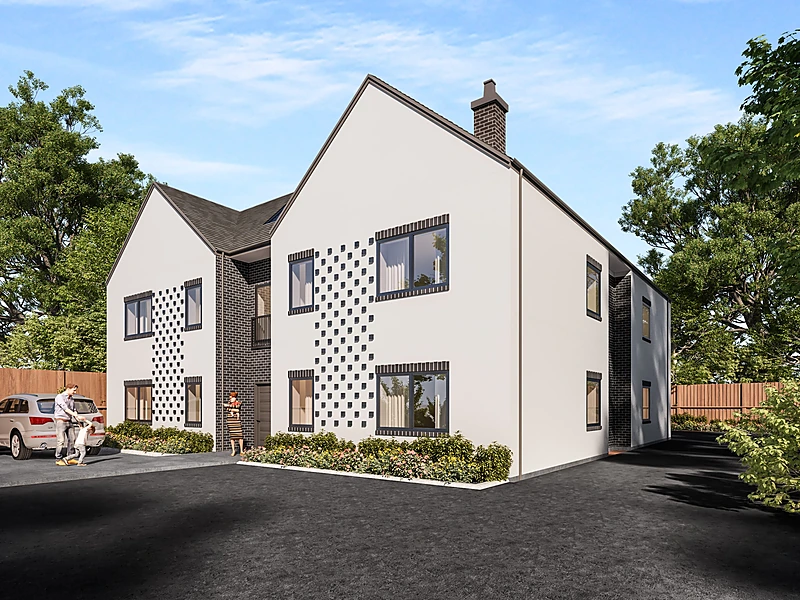 Front exterior 3D render of a nine-apartment residential building