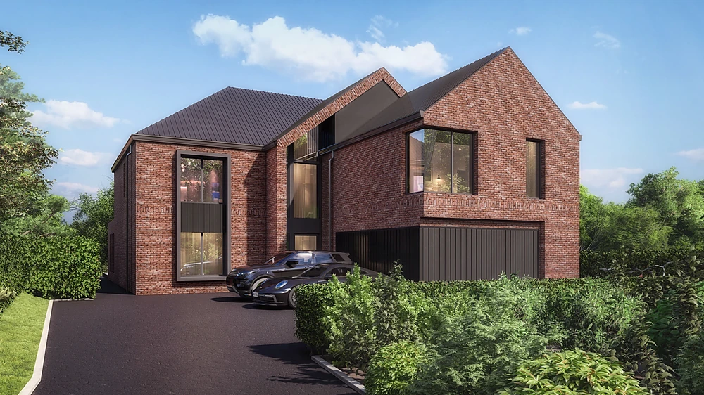 Front exterior 3D render of a contemporary brick house with gabled bays