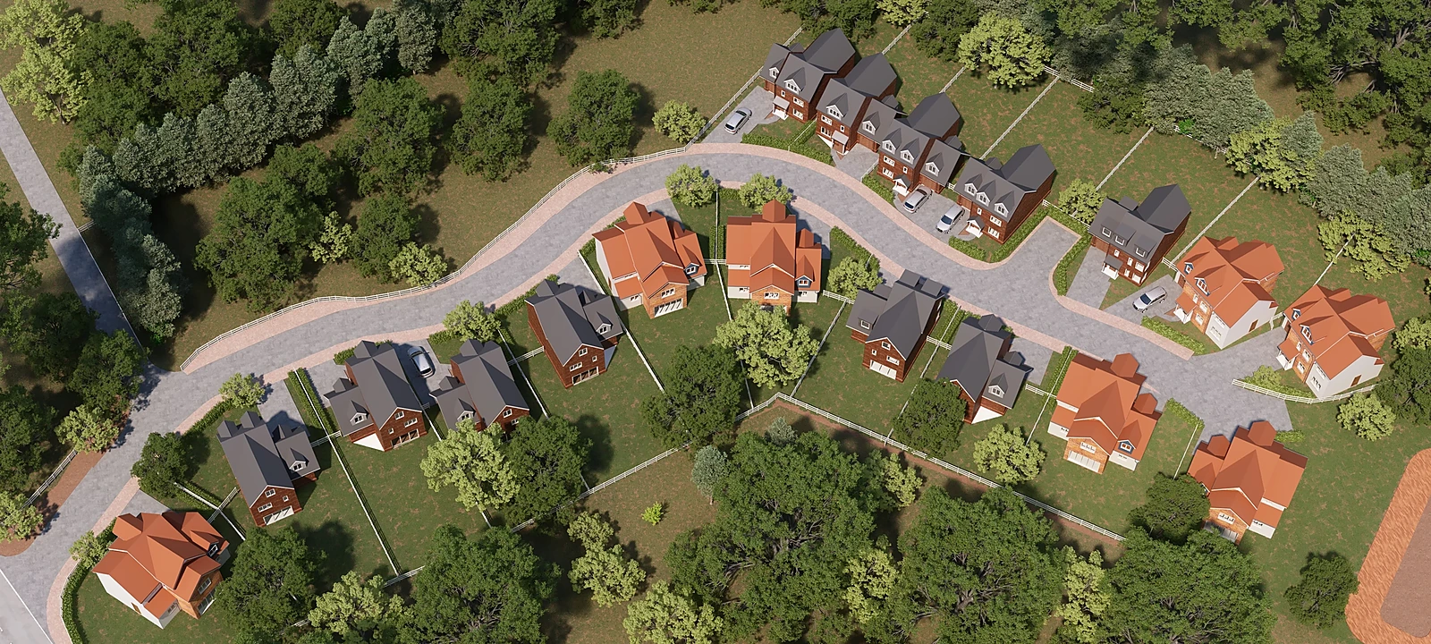 Aerial 3D render of an estate of detached homes among mature trees