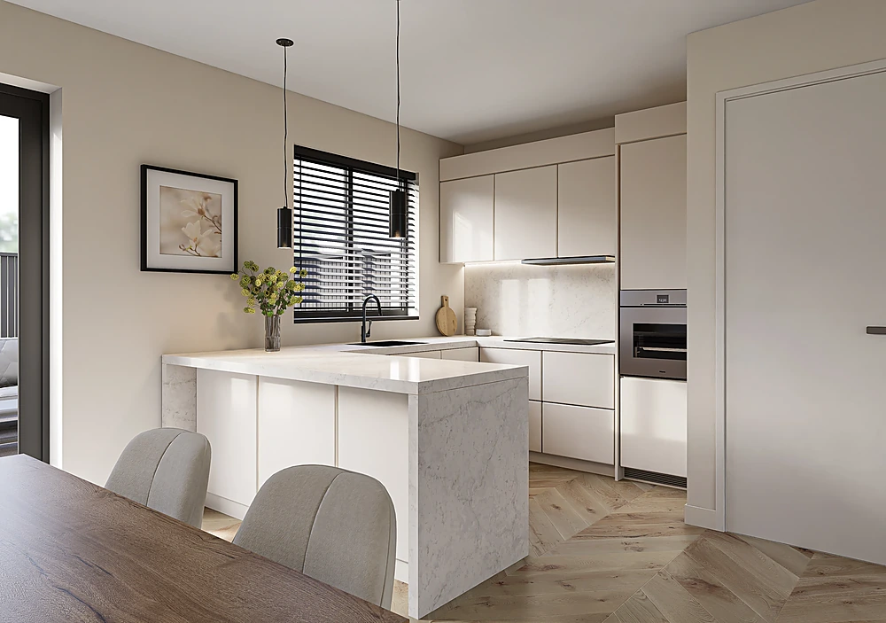 Interior 3D render of a kitchen with island and herringbone floor