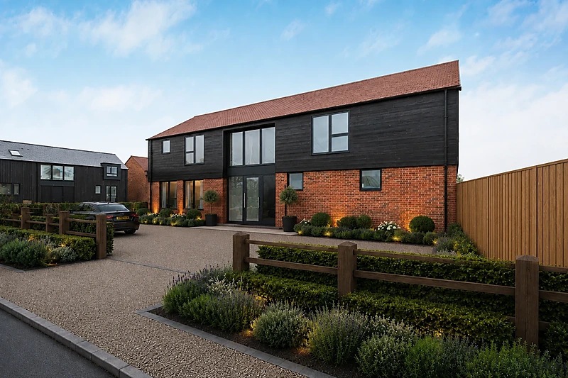 Photomontage of a completed house with CGI landscaping and gravel driveway