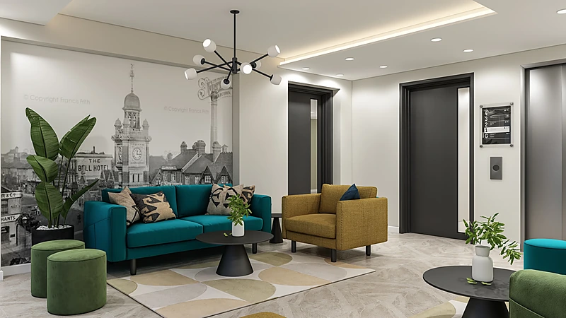 Interior 3D render of an office reception with mural wall